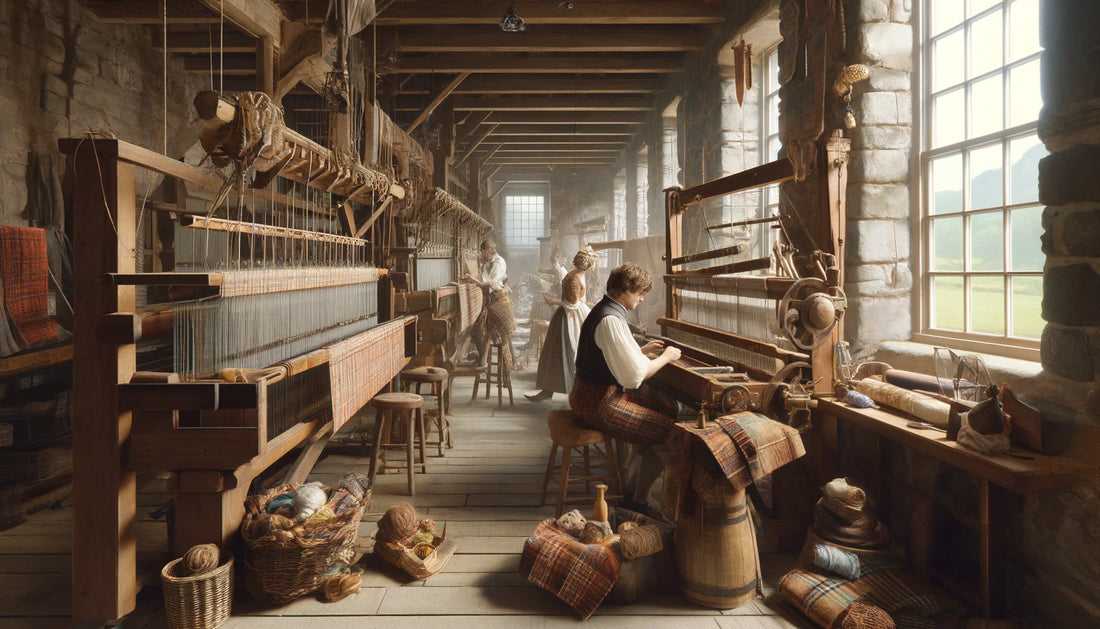 an interpretation of historic weaving with looms, yarn, baskets, and people