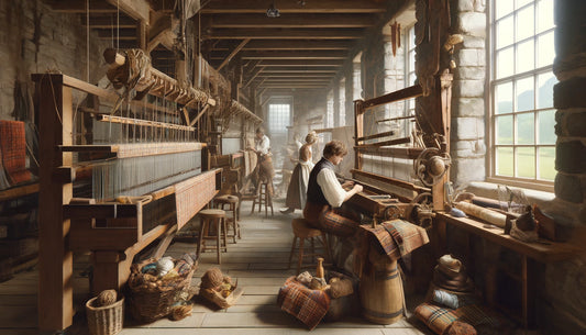 an interpretation of historic weaving with looms, yarn, baskets, and people